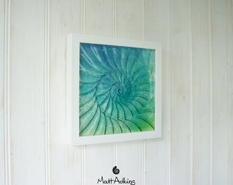 Ammonite Glass Art 25x25cm (10"x10"), Turquoise Blue Lime Green Ammonite Glass Framed Picture, Fossil Nautilus Seashell Coastal Wall Art