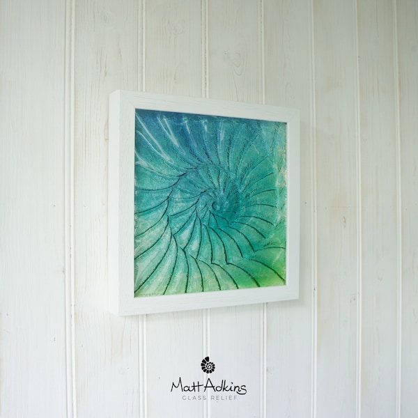 Ammonite Glass Art 25x25cm (10"x10"), Turquoise Blue Lime Green Ammonite Glass Framed Picture, Fossil Nautilus Seashell Coastal Wall Art