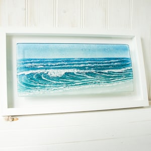 Landscape Wave Fused Glass Framed Art 45cmx25cm(18x10&quot;), Teal Blue Panoramic Glass Wave Framed Picture, Coastal Wall Art, Framed Glass Art
