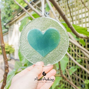 Turquoise Heart Glass Suncatcher 12cm(5&quot;), yard art glass, hanging heart, teal love heart fused glass Decoration, sun catcher, sea glass