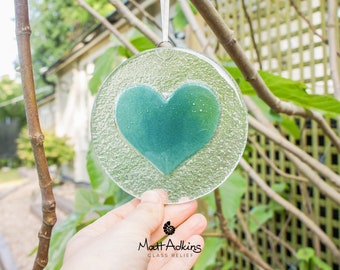 Turquoise Heart Glass Suncatcher  - handcrafted round window suncatcher in sea glass art with ribbon 12cm(5")