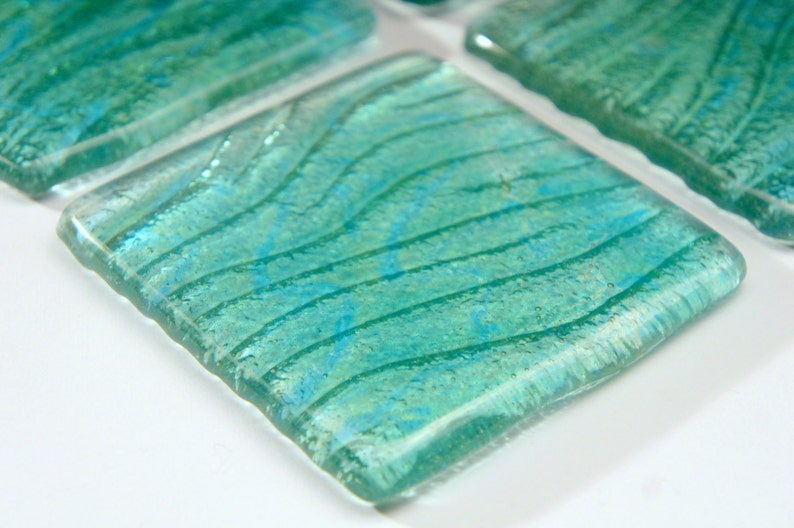 4 Turquoise Seabed Fused Glass Coasters, Set of 4 Coasters, green glass coasters, seaside gifts, sage green decor, sea glass art, image 3