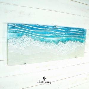 large panoramic wave fused glass wall art turquoise and white with wall fixings