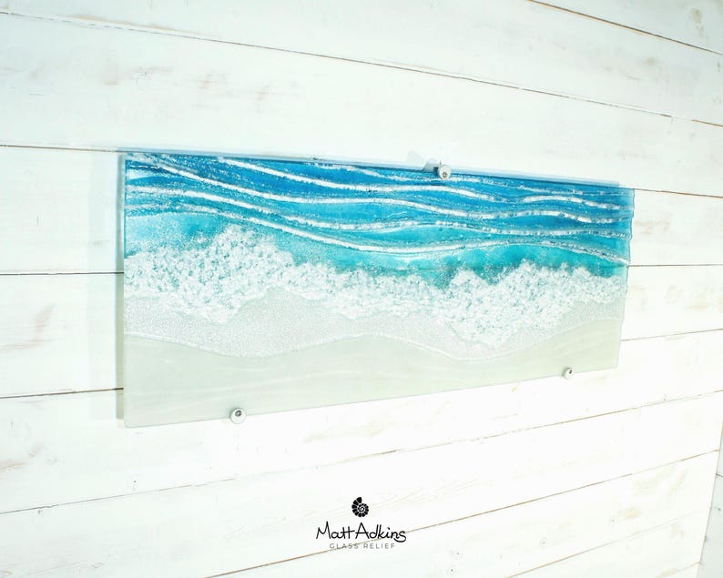 large panoramic wave fused glass wall art turquoise and white with wall fixings