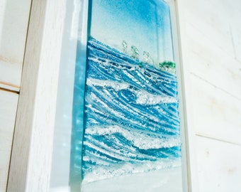 Portrait Cliff Fused Glass Frame 25cmx45cm(10x18"), Turquoise Blue Portrait Fused Glass Wave Wall Art, Coastal Glass Sculpture Sea Wave Art