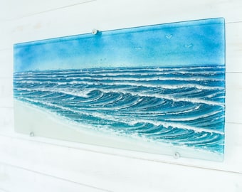 XLarge Wave Fused Glass Wall Art 76x33cm(30x13&quot;), Turquoise Teal Blue Wall Hanging, fused glass sculpture modern art, landscape wall art