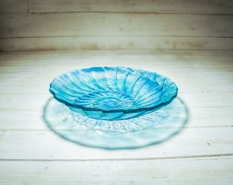 Teal Blue Ammonite Bowl 29cm(12"), Medium Turquoise Blue Fossil Nautilus Fused Glass fruit Bowl, Beach House Glass Table Decor, Glass Art