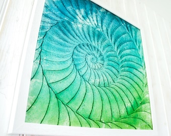 Ammonit türkis grüner quadratischer Glasrahmen 45 x 45 cm (17 3/4 "x 17 3/4") - texturiertes 3D handgemachtes Bild
