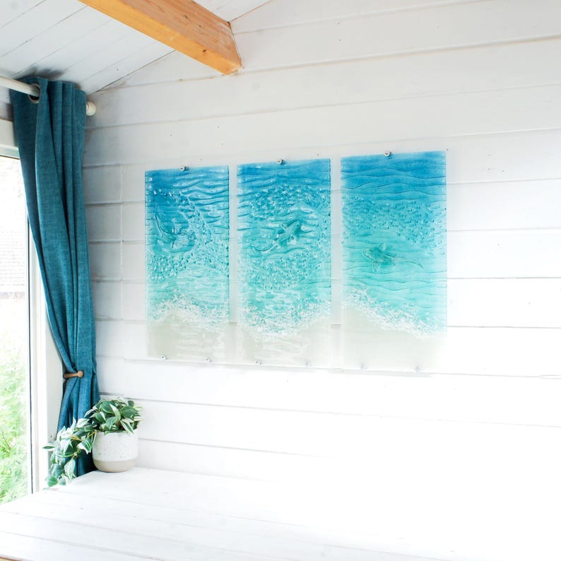 shark silver paradise triptych 3 piece wall art fused glass
wall art set
set of 3 prints
extra large wall art
3 piece wall art
teal fused glass
sea glass art
teal wall decor
textured wall art
wall panel sculpture
turquoise aqua art
3d abstract art
shark wall art