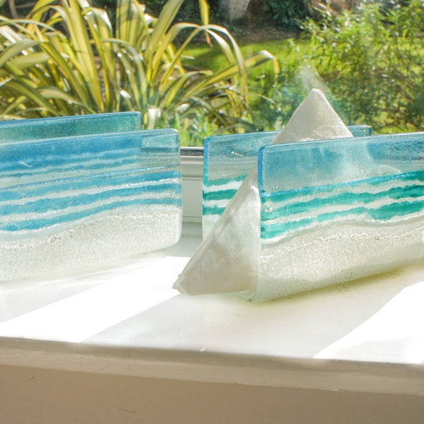 Juego de 2 estantes de cartas de playa-ENTREGA GRATUITA DEL REINO UNIDO-2 estantes de cartas de playa / Porta servilletas Turquesa y /o Vidrio Fundido Azul