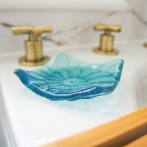 Blue Teal Ammonite glass Dish 10cm(4&quot;), trinket dish, Turquoise Ring Dish, tea light holder, nautilus dish, fossil sea glass, bathroom decor