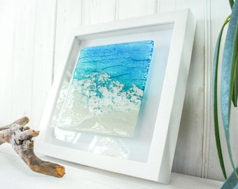 Paradise Frame 25x25cm(10"), Blue Turquoise Seaside Glass Framed Picture seabed, Sea Glass Art, Fused Glass Wall Art, Coastal Wall Decor