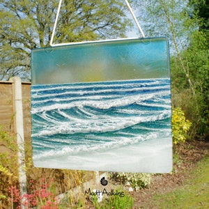Square Wave Sun 22x20cm(8 1/2x7 3/4&quot;), Breaking Glass Wave Window  Art, Teal Wave Sea Art, Fused Glass Coastal Suncatcher, Model 3 Sun