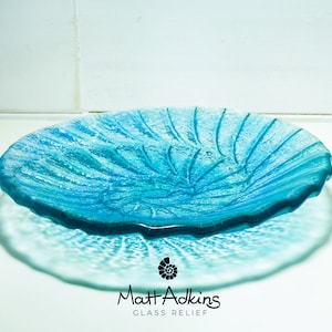 Blaue Ammonite geschmolzene Glasschale 20 cm (8 &quot;) in Geschenkbox, Teal-Türkis-Blau-Fossil Nautilusglas-Obstschale, Geschenke am Meer, dekorative Schale