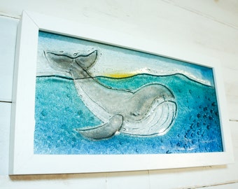 Whale Frame -  Whale Wall Art - Glass Whale - Landscape Sea Fused Glass Framed Picture 34x18cm (13 3/8"x7") - Coastal Wall Art