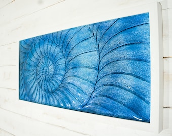 Large Ammonite Frame 60x30cm (23"x12"), Dark Blue & Blue Large Panoramic Glass Wall Art, Landscape Fossil Nautilus Fused Glass