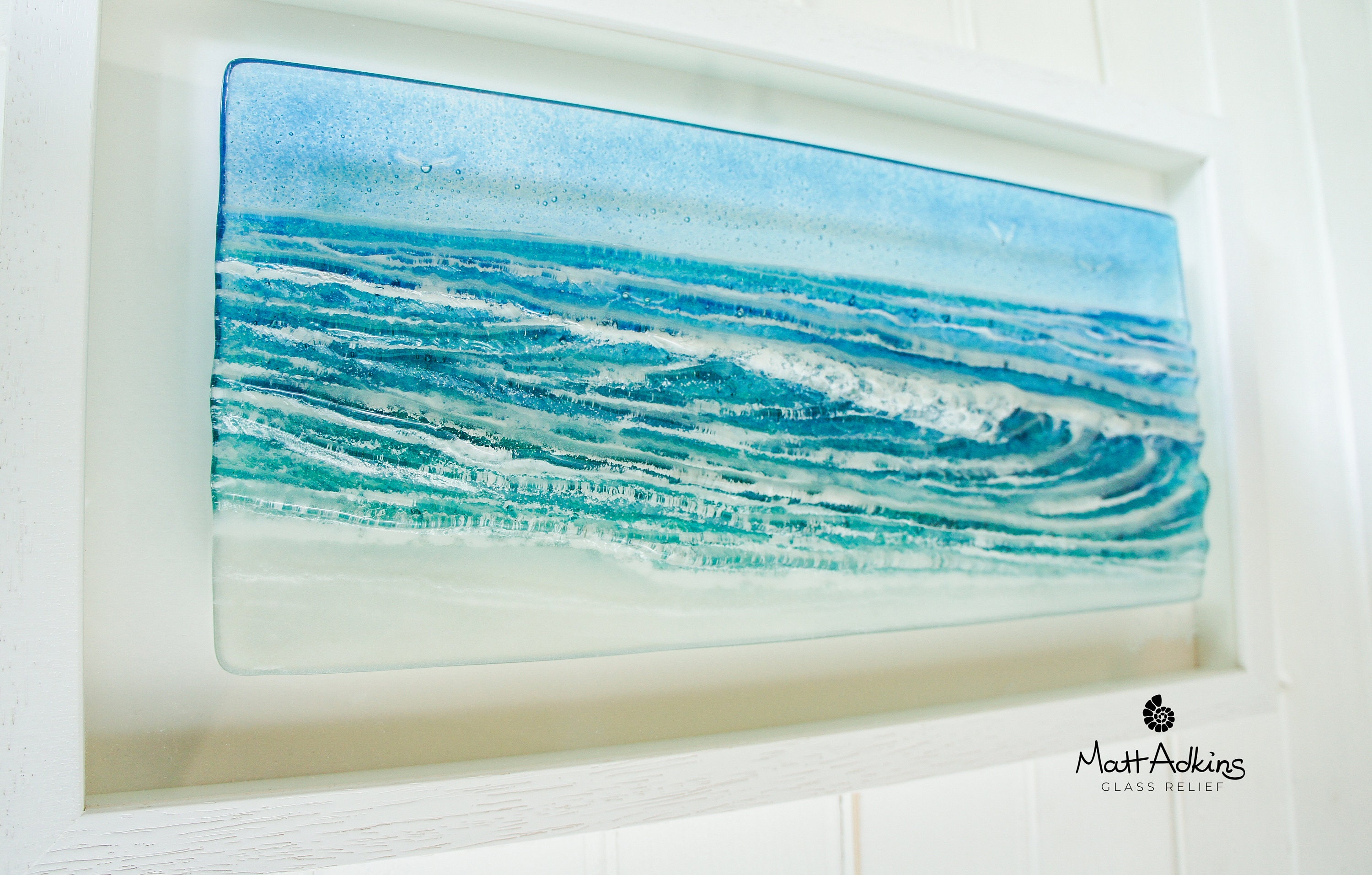 Sun D2 Fused Glass Wall Art Scuplture Coastal Surfer's Wave Art Landscape Wave Frame 45cmx25cm 18x10 Panoramic Glass Wave Wall Art