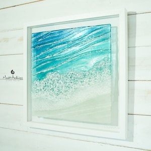 Large Wave Frame 44x44cm(17x17&quot;), Toe Tickling Tide Large Square Sea Beach Fused Glass Wall Art, Coastal Sea Glass Wall Sculpture