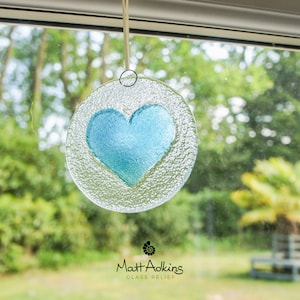 Blue Heart Suncatcher 12cm(5"), Blue Love Heart Glass Hanging Window Decoration, Fused Glass Suncatcher, Window Hanging Glass Art