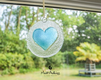 Blue Heart Glass Suncatcher - handcrafted fused glass window art with blue heart - 12cm(5")