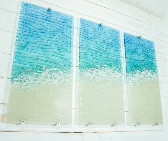 Paradise 3 piece Wall Art OVERALL 100x60cm (40x23"), Fused glass extra large wall art, each panel is 30x60cm (12x23"), triptych wall art
