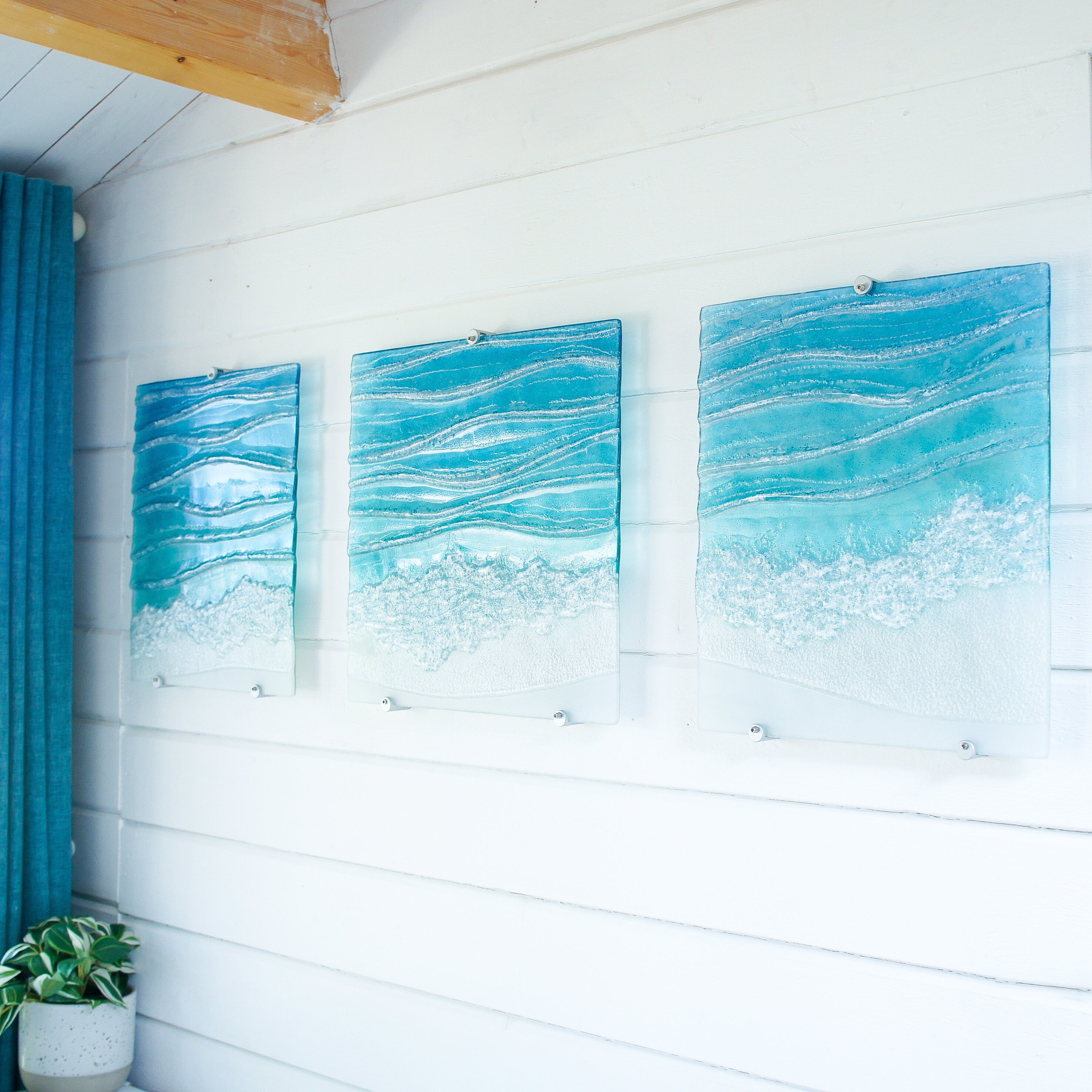 Triptych Toe Tickling Tide, 3 piece wall art fused glass, left&right panels at 35x40cm(14x16") middle panel at 40x40cm(16x16"), with fixings