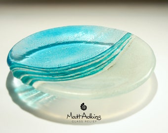 Turquoise Beach Fused Glass Bowl 20cm(8") in gift box, Turquoise Sea Glass Fruit Bowl, Handmade Coastal bathroom Decorative Bowl Table Decor