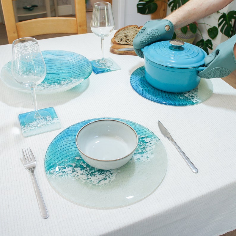 Set of 2 Coastal Round Glass Placemats & Coasters Heatproof, Beach ...