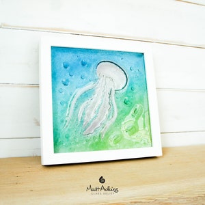 Jellyfish Glass Art 25x25cm (10&quot;x10&quot;) | Blue Turquoise Green Jellyfish Glass Framed Picture | Sea Animal Coastal Wall Art