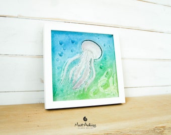 Jellyfish Glass Art 25x25cm (10"x10") | Blue Turquoise Green Jellyfish Glass Framed Picture | Sea Animal Coastal Wall Art
