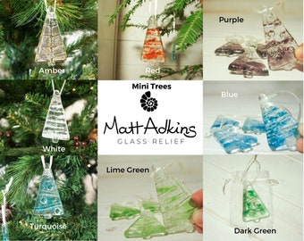 4 glass Christmas trees CHOOSE COLOURS 8x4.5cm (3x1 1/2"), hanging glass tree Christmas tree decoration with ribbon & individual organza bag
