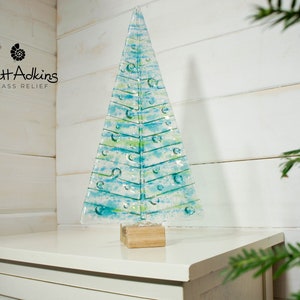 XL Glass Christmas Tree Blue Green 32cm ( 12 1/2" tall), Blue & Lime Green Fused Glass Christmas Tree Decoration with wooden block