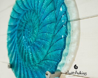 Round Ammonite Art 29cm(11 1/2"), Blue Teal Circle Ammonite Glass Wall Panel with 3 fixings, Wall Sculpture Fossil Nautilus Seashell Art