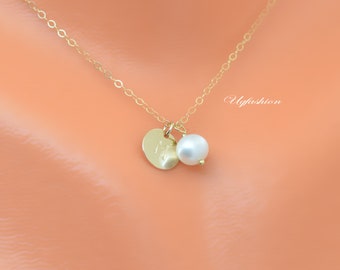 Personalized charm disc necklace, gift for her, monogram, mothers, niece, girl friend, initial, pearl, necklace gift, flower girl gifts.