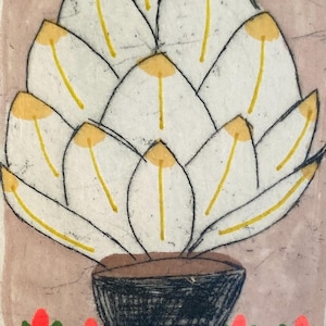 May include: A hand-drawn illustration of a white flower with yellow accents in a black pot. The flower has multiple petals with yellow tips and stems. The background is a light pink colour, and there are small red and green floral accents at the bottom.