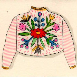 May include: A pink and white striped sweater with a colorful floral embroidery design. The flowers are red, pink, yellow, and blue.