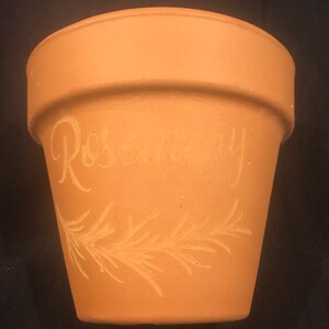 May include: A terracotta flower pot with the word "Rosemary" etched into the side. A stylized rosemary sprig is also etched into the side of the pot.