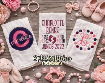 Custom Embroidered Baby Burp Cloths - Set of 3, Personalized Gift