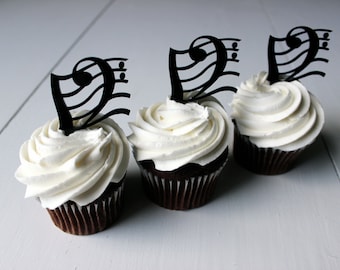 12 Bass Clef Cupcake Toppers (Acrylic)