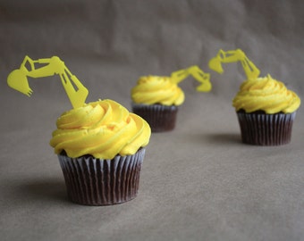 12 Construction Backhoe Cupcake Toppers (Acrylic)