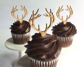 12 Wood Deer Antler Cupcake Toppers