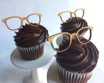 12 Wood Vintage Geek Glasses Cupcake Toppers