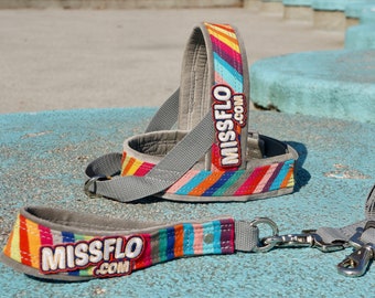 Premium SET Dog Harness and Leash MissFlo, Easy on easy off, handmade to measure, machine washable. Rainbow