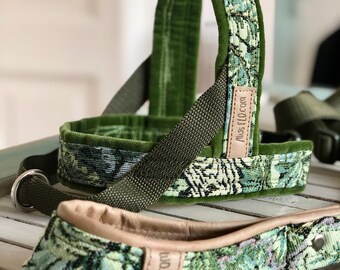 SET - Dog Harness and Leash Jungle, MissFlo, Light and Army Green and Blue and leather, Handmade, made to measure, Washable.