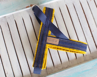 Dog Harness Denim with Sunflower Yellow lining, MissFlo, Leather detail, Handmade. Washable, easy on and off, Yellow, bleu, MissFlo.