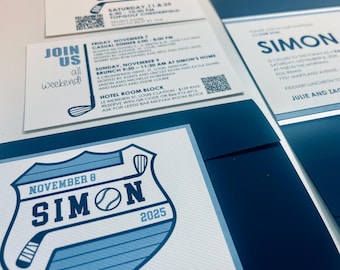 May include: A collection of navy blue and white event invitations. The invitations include the text "CELEBRATE WITH SIMON", event details, and a graphic of a golf club. The invitation design features a shield with a hockey stick and a baseball.