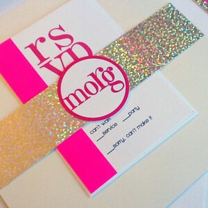 May include: A white invitation with pink and gold glitter accents. The invitation says "It's VIP" and "moig" in a circle. The text "can't wait" and "_party" are written on the invitation. The text "_service" and "_sorry, can't make it" are written on the invitation.