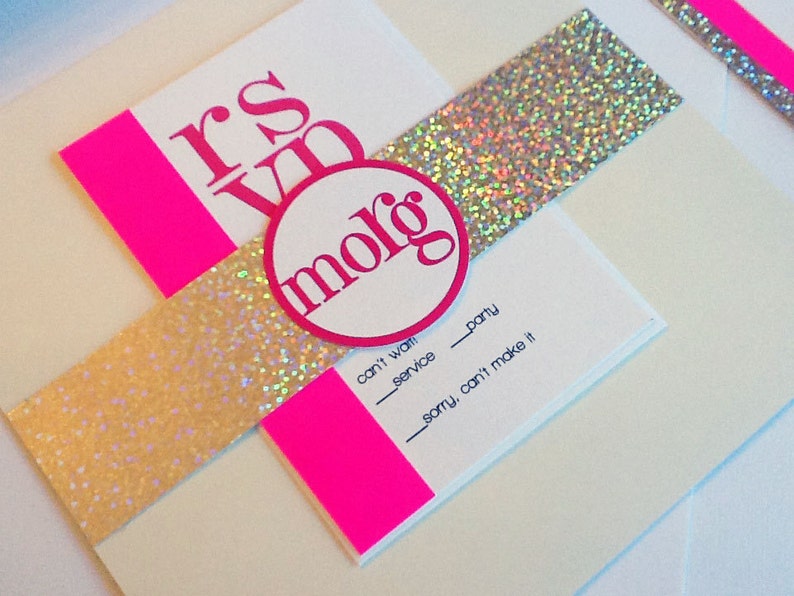 May include: A white invitation with pink and gold glitter accents. The invitation says "It's VIP" and "moig" in a circle. The text "can't wait" and "_party" are written on the invitation. The text "_service" and "_sorry, can't make it" are written on the invitation.