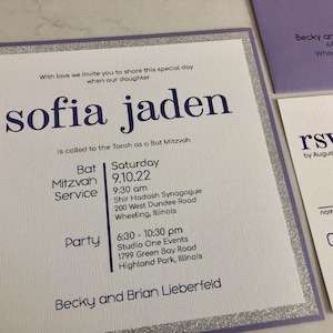 Purple + Silver Glitter Bat Mitzvah Invitations