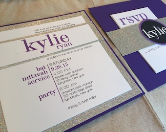 Purple and Silver Glitter Bat Mitzvah Invitation